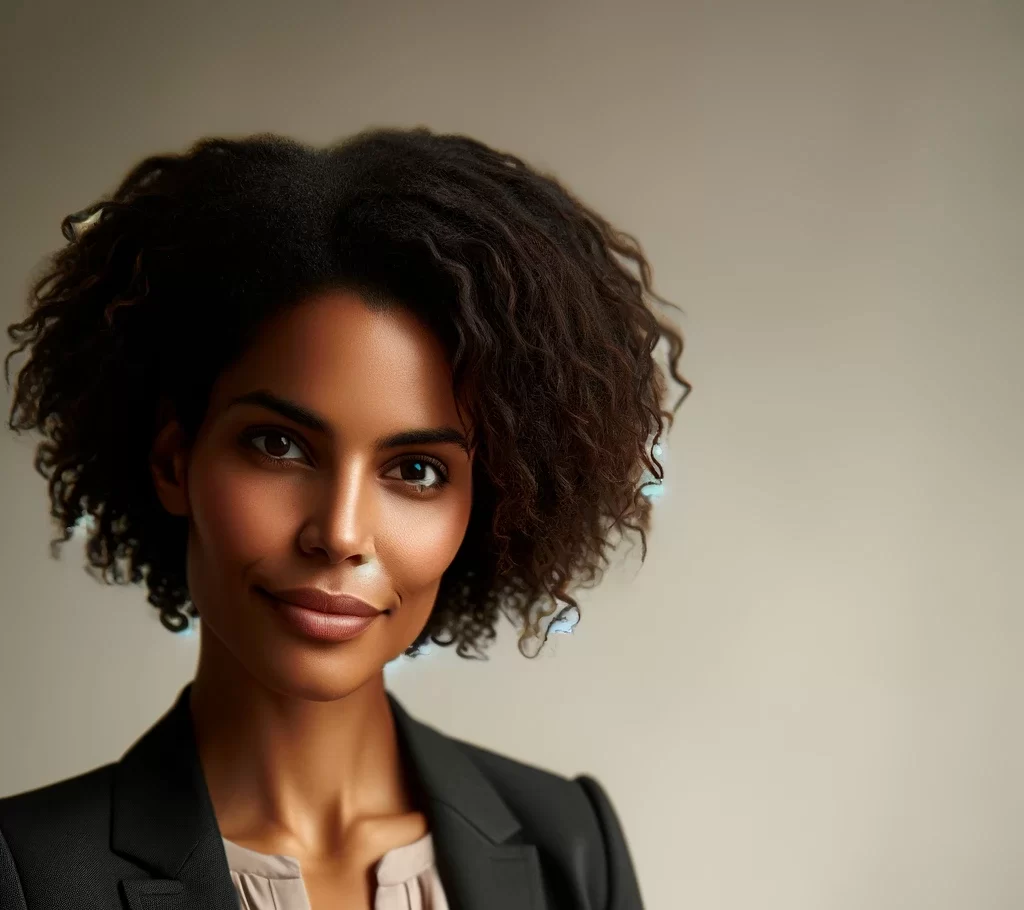 DALL·E 2024-03-13 12.08.28 - A professional headshot of a confident businesswoman who is Black, wearing a professional, tailored blazer over a light-colored blouse. She is in her